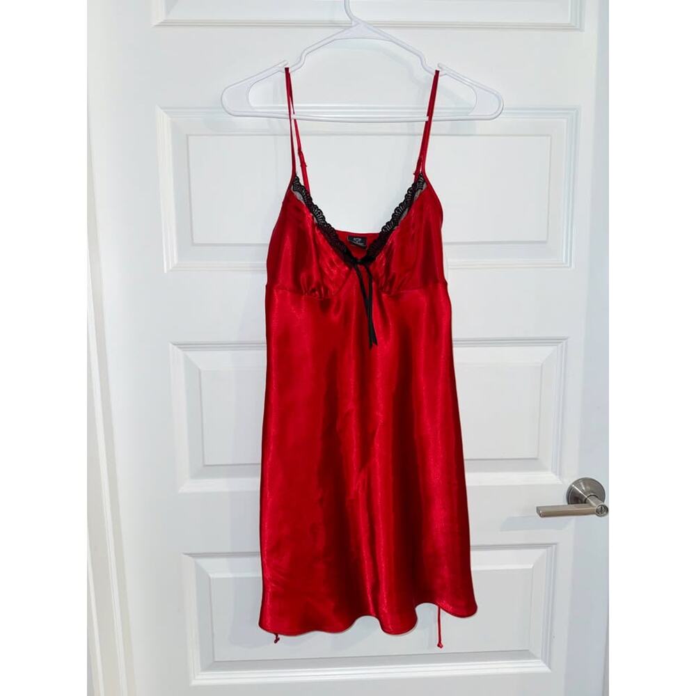 Vintage Black Lace Red Satin Mini Slip Dress